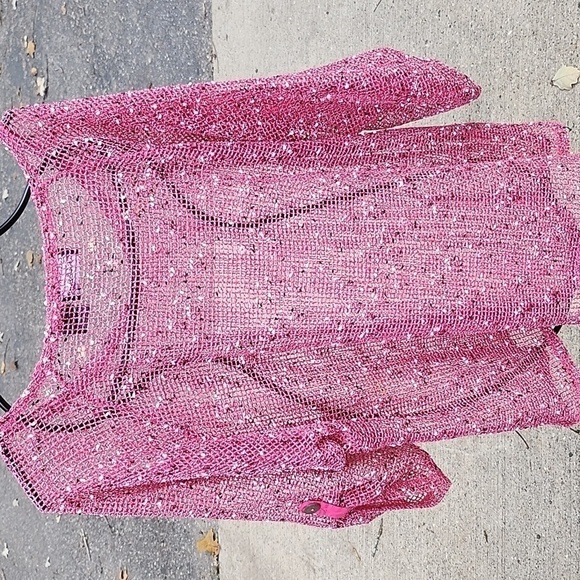 Frazzle Pink Tweed Scoop Neck Adjustable Sleeves Roll Tab Sz. L Top - Picture 4 of 6